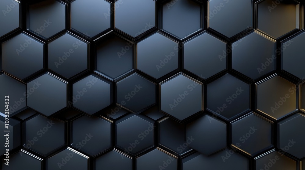 Poster a modern, sleek backdrop featuring interlocking hexagonal tiles in a glossy black finish, creating a