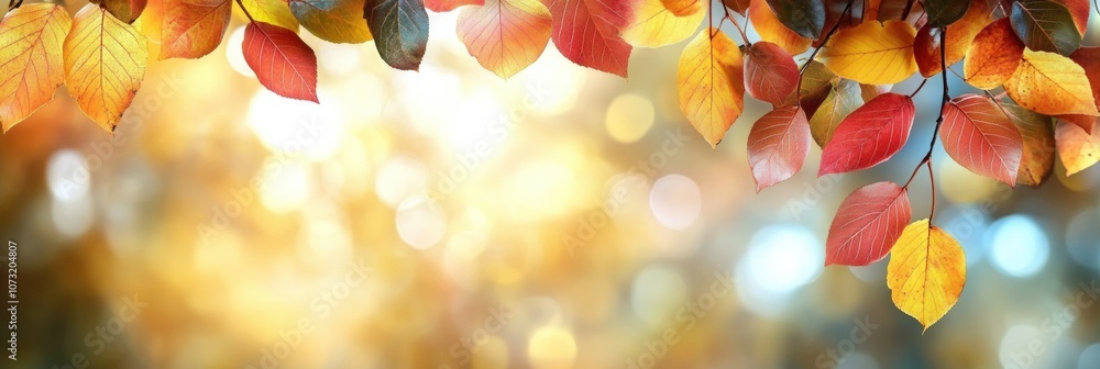 Poster vibrant autumn leaves in a defocused background with bright colors and soft light creating an enchan