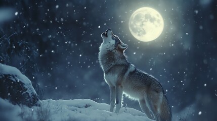 A lone wolf howls at the full moon in a snowy forest.