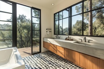 Fototapeta premium Spacious bathroom with large, frameless windows, a double sink vanity with concrete countertop, and black-and-white geometric floor tiles.