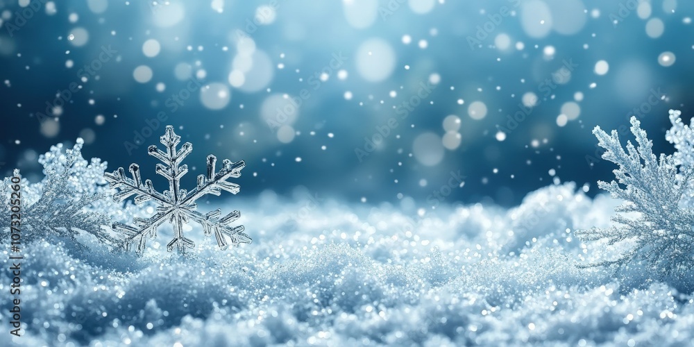 Poster sparkling snowflakes on a winter wonderland background with snowdrifts and soft bokeh effect, ideal 