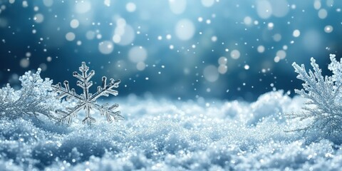Sparkling Snowflakes on a Winter Wonderland Background with Snowdrifts and Soft Bokeh Effect, Ideal for Festive Seasonal Ideas and Celebrations