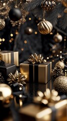 Giraffe Christmas presents under a tree adorned with elegant gold and black decorations, evoking a festive holiday spirit.
