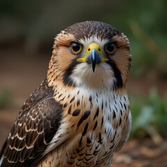 Naklejka premium Majestic Lanner Falcon portrait with striking plumage, powerful gaze, and sharp focus, showcasing its wild beauty and natural elegance, a stunning wildlife capture