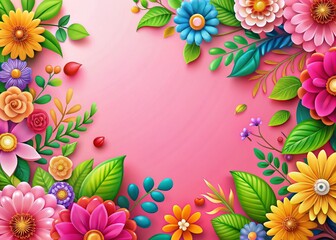 Whimsical Light Pink Background with Colorful Cartoon Flowers and Leaves for Cheerful Designs and Customizable Banners