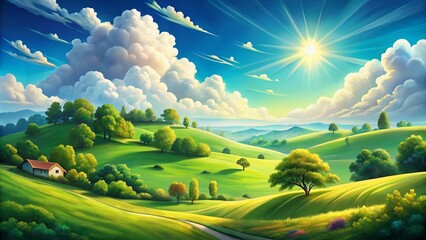 Obraz premium Whimsical Illustration of a Sunny Rural Landscape with Rolling Green Hills, Fluffy White Clouds, and a Bright Blue Sky Perfect for Your Creative Projects and Imagery Needs