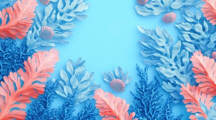 Vibrant coral reef background with intricate blue and pink coral designs, creating an inviting underwater atmosphere.
