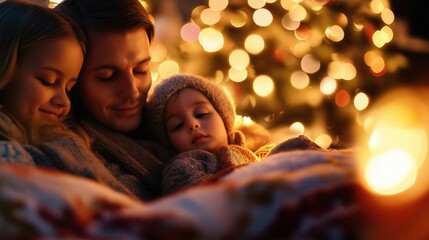 Family enjoys cozy moments together by the sparkling christmas tree lights in a warm and inviting atmosphere