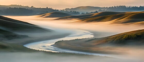 Serene Foggy Sunrise over a Meandering River