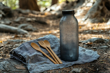 Obraz premium Eco-friendly products like a reusable water bottle, cloth bag, and bamboo utensils, promoting a sustainable and zero-waste lifestyle with a natural and eco-conscious vibe. 