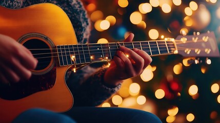 Naklejka premium A musician strums a guitar surrounded by beautiful christmas lights to create a festive atmosphere