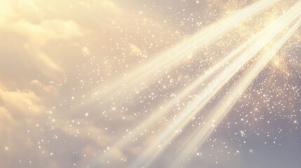 A beautiful celestial backdrop with radiant beams of light filtering through soft, fluffy clouds.