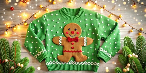 Naklejka premium Cheerful Green Christmas Sweater with Gingerbread Man Design and Snowflakes for Festive Holiday Celebrations, Perfect for Seasonal Gatherings and Winter Fun