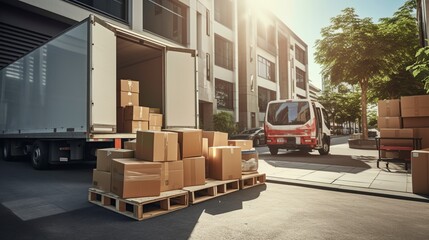 A white delivery truck is parked by a building with boxes