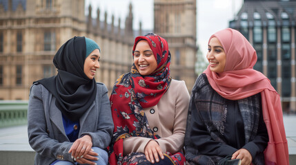 Fototapeta premium Three joyful Muslim women engage in lively conversation, sharing laughs and warmth as they enjoy each other\'s company in the heart of the city, surrounded by historic architecture
