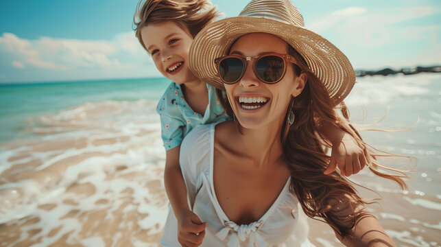Laughing together, a mother and her son enjoy a sunny day at the beach, splashing in the gentle waves while creating joyful memories filled with love and happiness