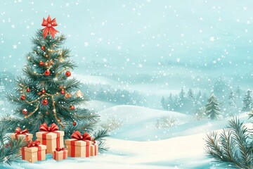 Obraz premium A snowy winter landscape featuring a decorated Christmas tree with wrapped presents nestled in the snow during the holiday season