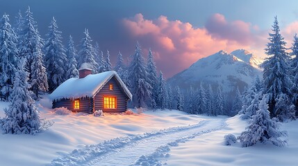 Fototapeta premium A cozy cabin with glowing windows sits in a snowy forest, a mountain peak in the distance, and a path leading towards it under a vibrant sunset.