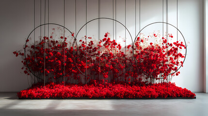 Background should be white, like in a studio, and hoops with red floral arrangements should hang from the ceiling.