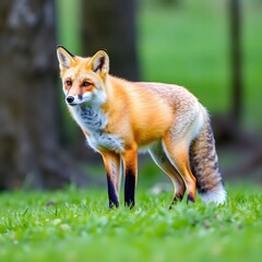 Beautiful isolated portrait of red fox.
beautiful red fox sitting in autumn forest
