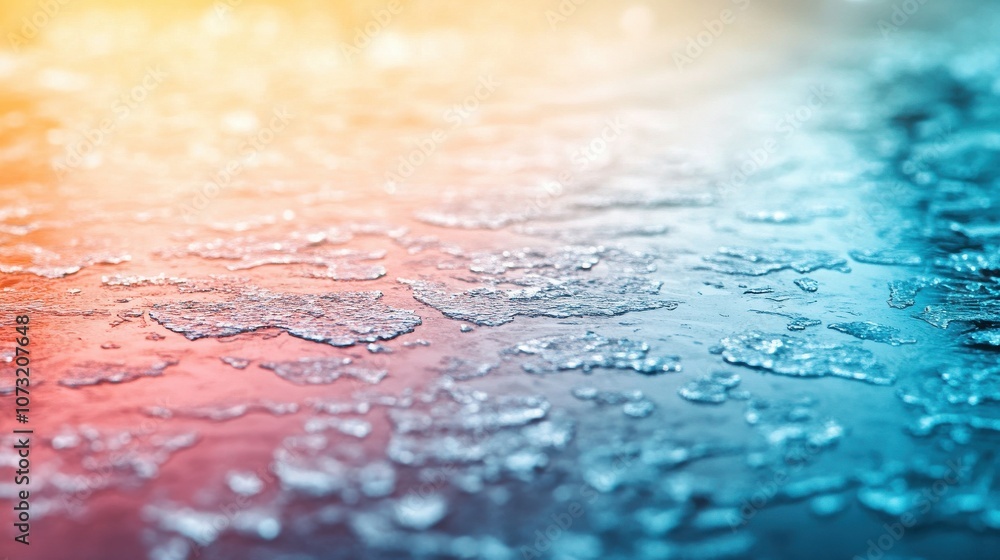 Poster close-up of colorful ice crystals glistening on a smooth surface, creating an artistic play of light