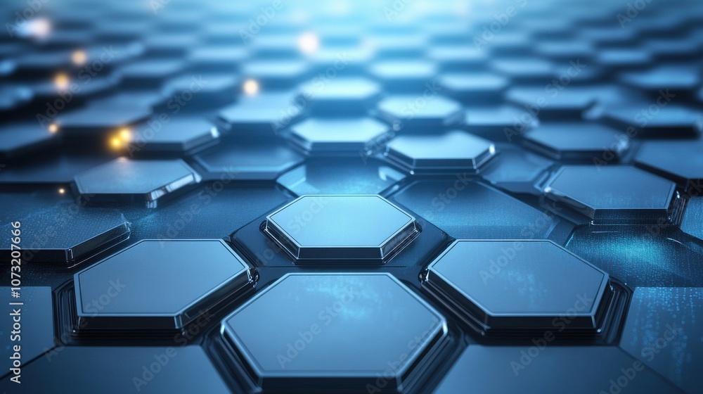 Poster abstract close-up of metallic hexagonal patterns with a futuristic glow, creating a tech-inspired at