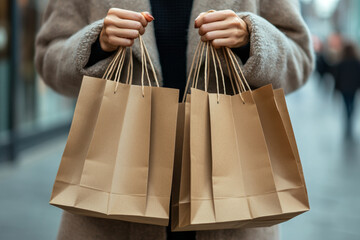  Cheerful woman enjoying shopping on a sunny day while carrying multiple bags in an urban setting. Consumerism, fashion, purchases, shopping, lifestyle concept