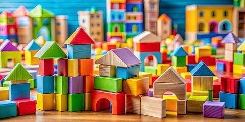 Naklejka premium Colorful Wooden Building Blocks Arranged in Creative Shapes and Structures, Showcasing Playfulness and Imagination in a Fun and Engaging Environment for Children and Families
