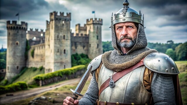 A lifelike image of King Richard the Lionheart in chainmail armor with a medieval English castle in the background, capturing his legendary bravery