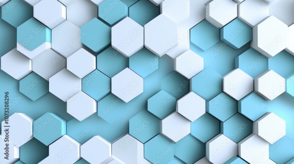 Poster a vibrant arrangement of hexagonal shapes in shades of blue and white, creating a modern and dynamic
