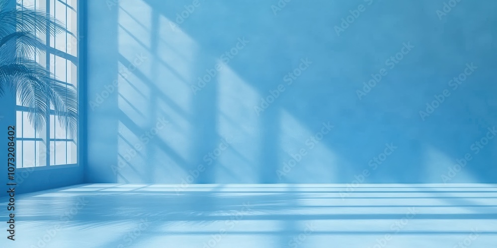 Poster serene minimalist room with soft blue walls and gentle light play from large windows creating an inv