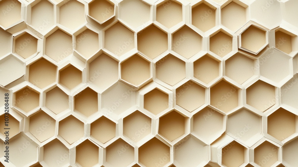 Poster an artistic arrangement of white hexagonal shapes on a light beige background, creating a modern and