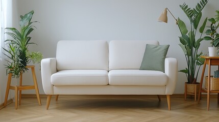 Explore modern living room design with a stylish white sofa and lush green plants