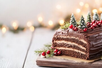 Delicious chocolate yule log cake decorated for the festive season with edible trees and berries on a wooden table