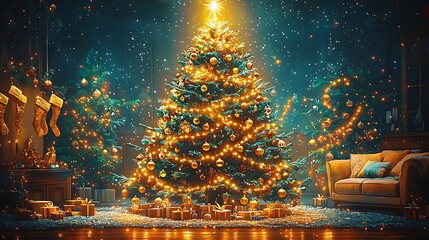 A beautifully decorated Christmas tree with twinkling lights and presents sits in a cozy living room with snow falling softly outside.