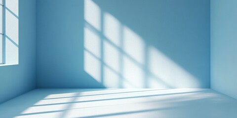 Fototapeta premium Soft Light Minimalist Room with Subtle Shadows on Blue Wall, Perfect for Displaying Artwork, Photography, or Creative Interiors