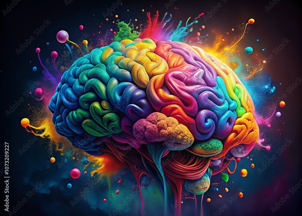 Poster creative concept of a vibrant human brain displayed in colorful segments against a dark background, 