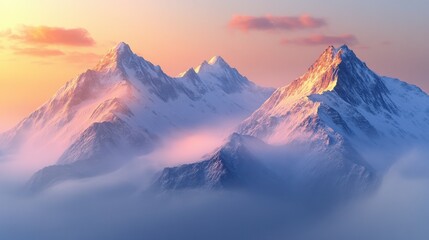 Breathtaking mountain range at sunrise, showcasing snow-capped peaks bathed in warm golden hues and soft mist.