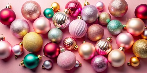 Creative Christmas Baubles Decoration Pattern on a Pink Background - Minimal Flat Lay Concept Showcasing Festive Elegance and Cheerful Aesthetics for Holiday Inspiration