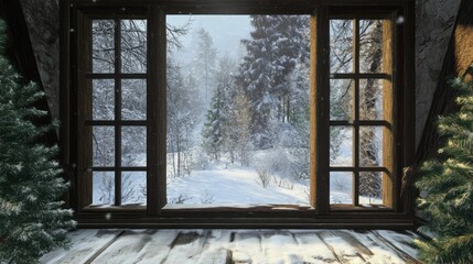 A Snowy Winter Landscape Viewed Through a Window in a Wooden Cabin
