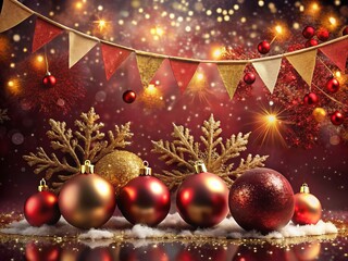 Decorative Christmas Banner Featuring Golden Tinsel Confetti, Red Balls, and Snowflakes on a Luxurious Burgundy Background for Festive Celebrations and Holiday Promotions