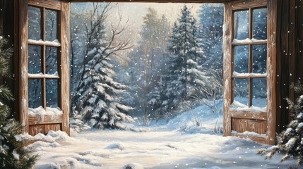 A View Through a Window of a Snowy Forest