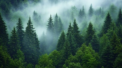 Misty green forest landscape with tall evergreen trees shrouded in soft fog.