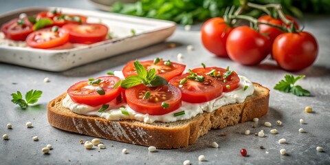 Delightful Toast with Fresh Tomatoes and Cream Cheese on a Clear Surface, Perfect for Food Photography, Ideal for Recipes, and Culinary Blogs Featuring Healthy Eating