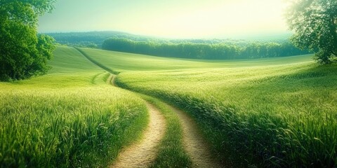 Fototapeta premium Serene Scenic Winding Path Through Lush Green Fields Under a Soft Light Sky with Gentle Hills and Vibrant Nature Surroundings