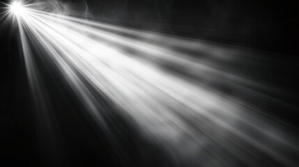 Abstract vector illustration of bright white light rays and flares on a dark black background, creating a striking contrast with glowing beams, sun flares, and radiant effects. This high-quality desig