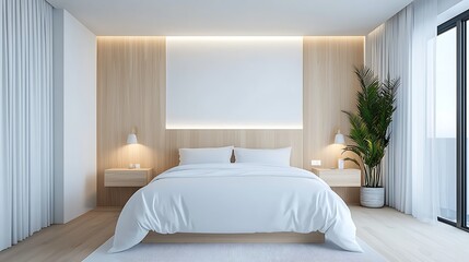 Create a serene and modern bedroom design with minimalist aesthetics for ultimate comfort