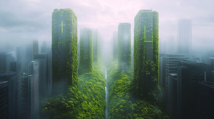 Sustainable urban landscapes in the future, futuristic urban design with extensive green architecture, large public spaces filled with plants, electric buses on wide lanes, solar power stations