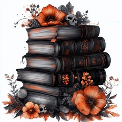 A stack of antique books surrounded by orange flowers and decorative skulls on a white background