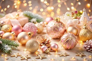 Elegant Pastel Pink and Gold Christmas Decorations with Ornaments and Festive Elements Against a Luxurious Holiday Background for a Perfect Holiday Aesthetic